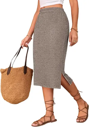 Naggoo Midi Skirts for Women Spring Summer Elastic High Waisted Side Slit Long Sweater Skirt