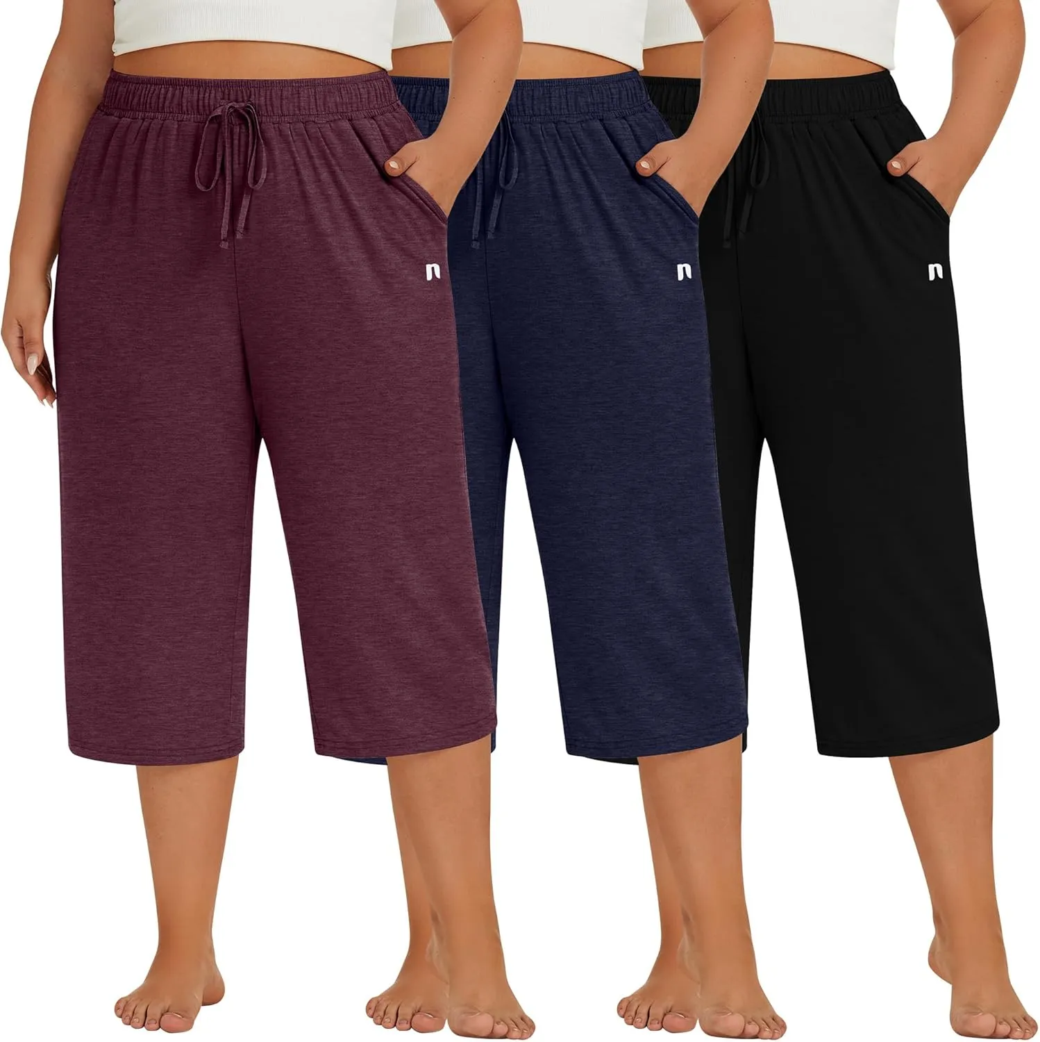 Neer 3 Pack Women's Plus Size Capris, Cotton Wide Leg Pants Casual Drawstring Capri Sweatpants Drawstring Pants with Pockets
