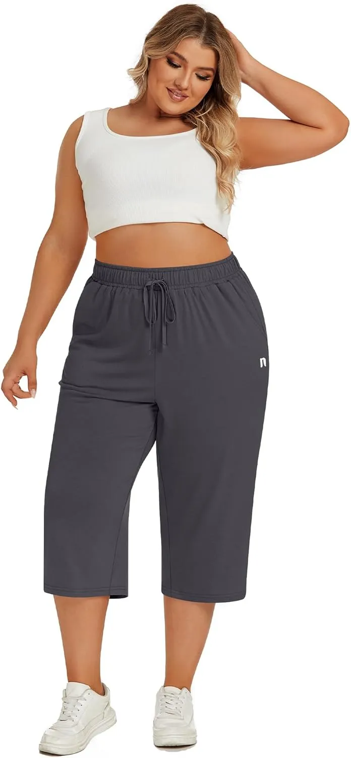Neer 3 Pack Women's Plus Size Capris, Cotton Wide Leg Pants Casual Drawstring Capri Sweatpants Drawstring Pants with Pockets