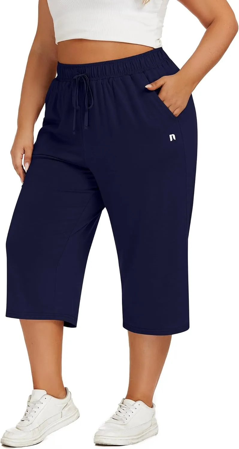 Neer 3 Pack Women's Plus Size Capris, Cotton Wide Leg Pants Casual Drawstring Capri Sweatpants Drawstring Pants with Pockets