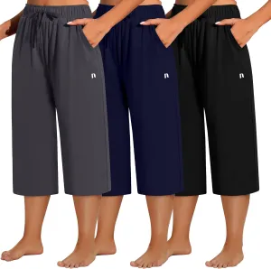Neer 3 Pack Women's Plus Size Capris, Cotton Wide Leg Pants Casual Drawstring Capri Sweatpants Drawstring Pants with Pockets