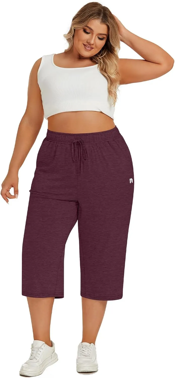 Neer 3 Pack Women's Plus Size Capris, Cotton Wide Leg Pants Casual Drawstring Capri Sweatpants Drawstring Pants with Pockets