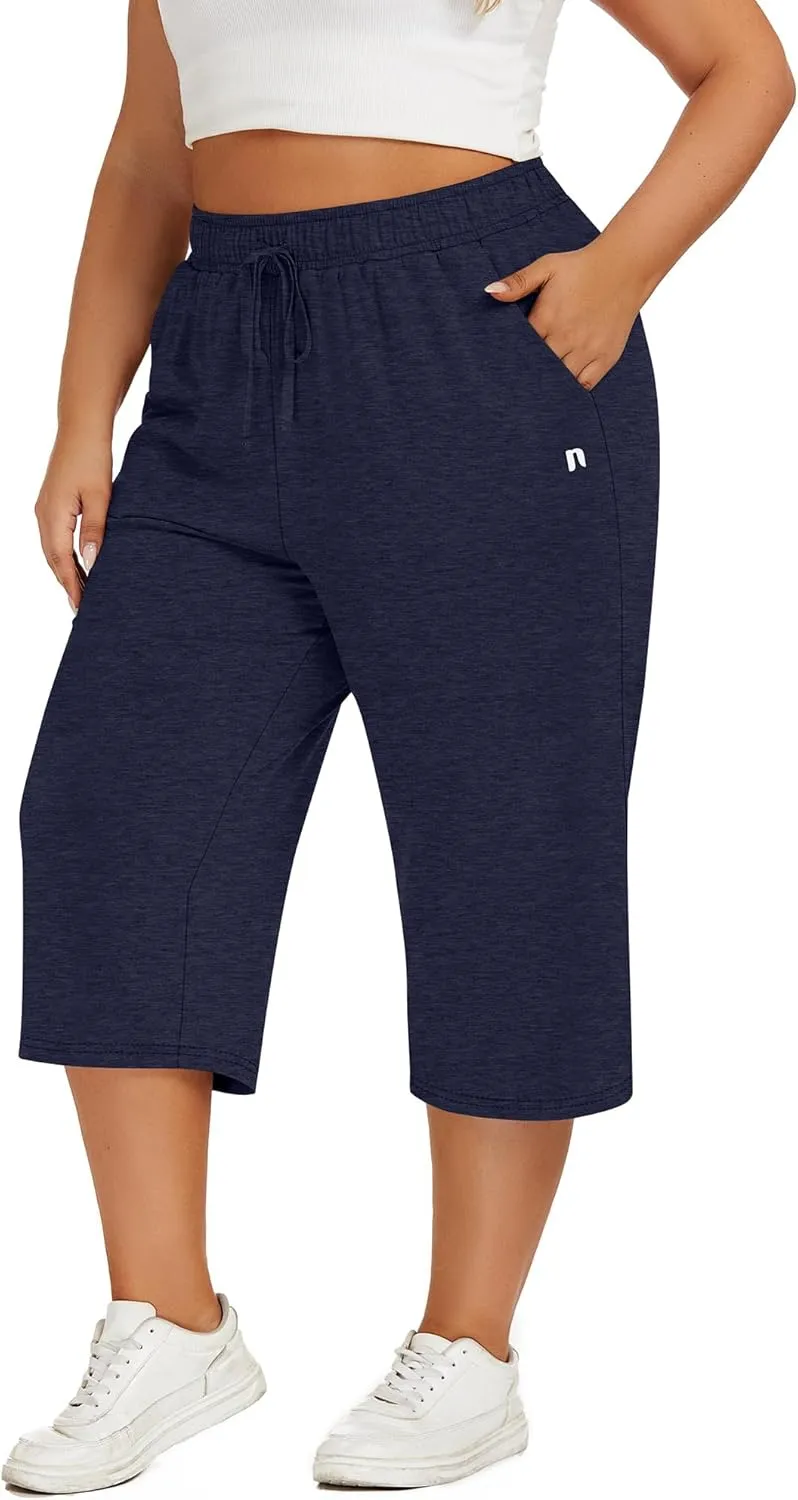 Neer 3 Pack Women's Plus Size Capris, Cotton Wide Leg Pants Casual Drawstring Capri Sweatpants Drawstring Pants with Pockets