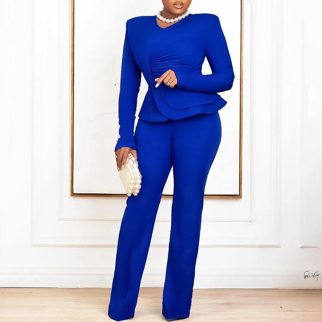 New ruffled V-neck top and pants two-piece set