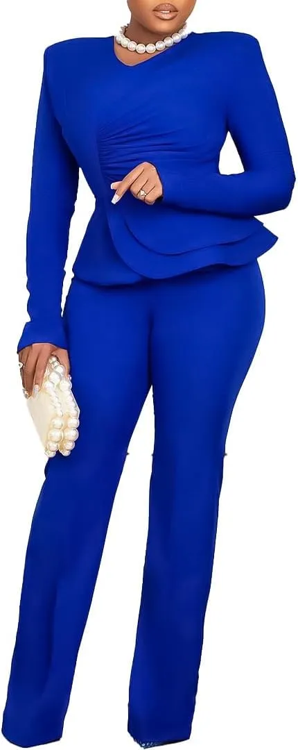 New ruffled V-neck top and pants two-piece set