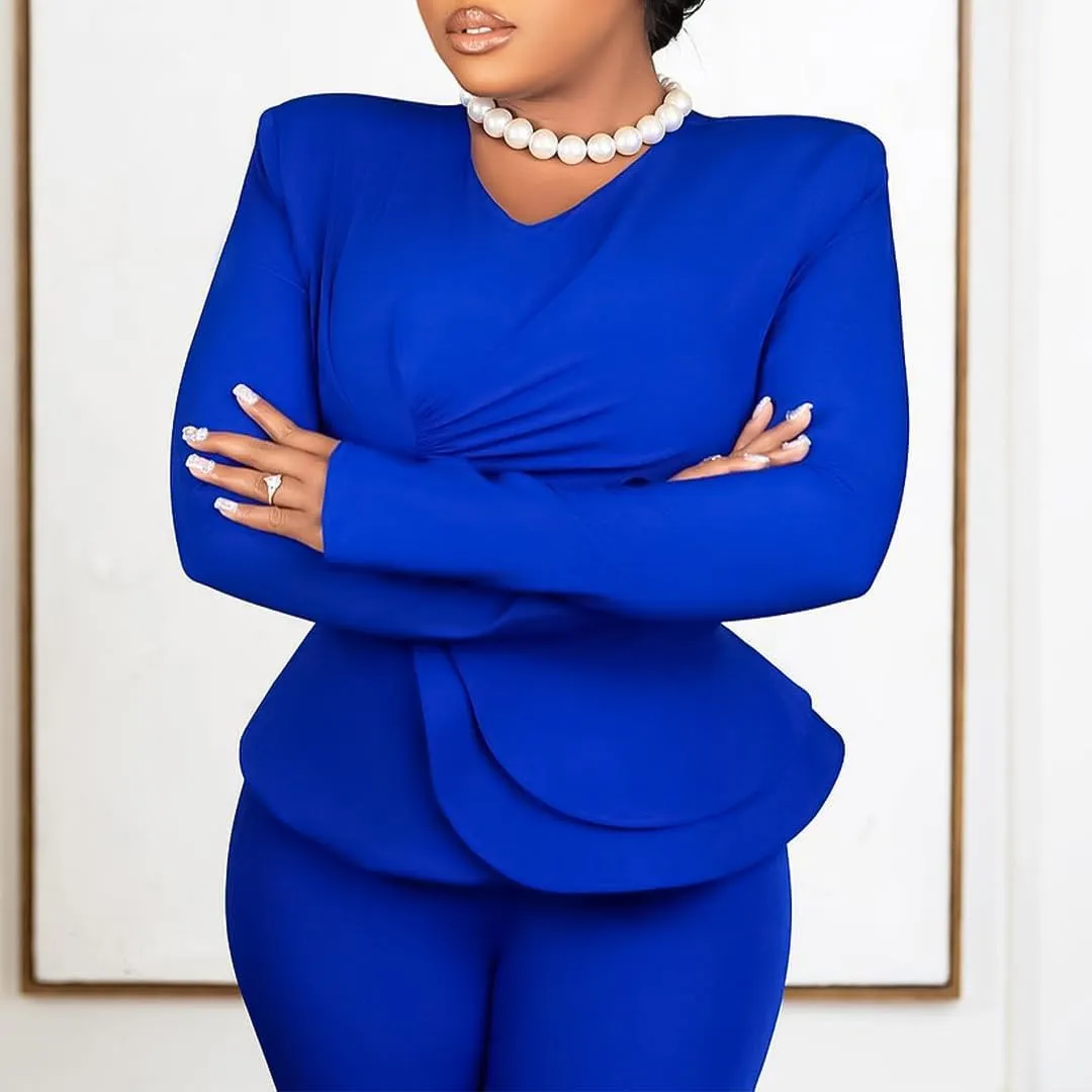 New ruffled V-neck top and pants two-piece set