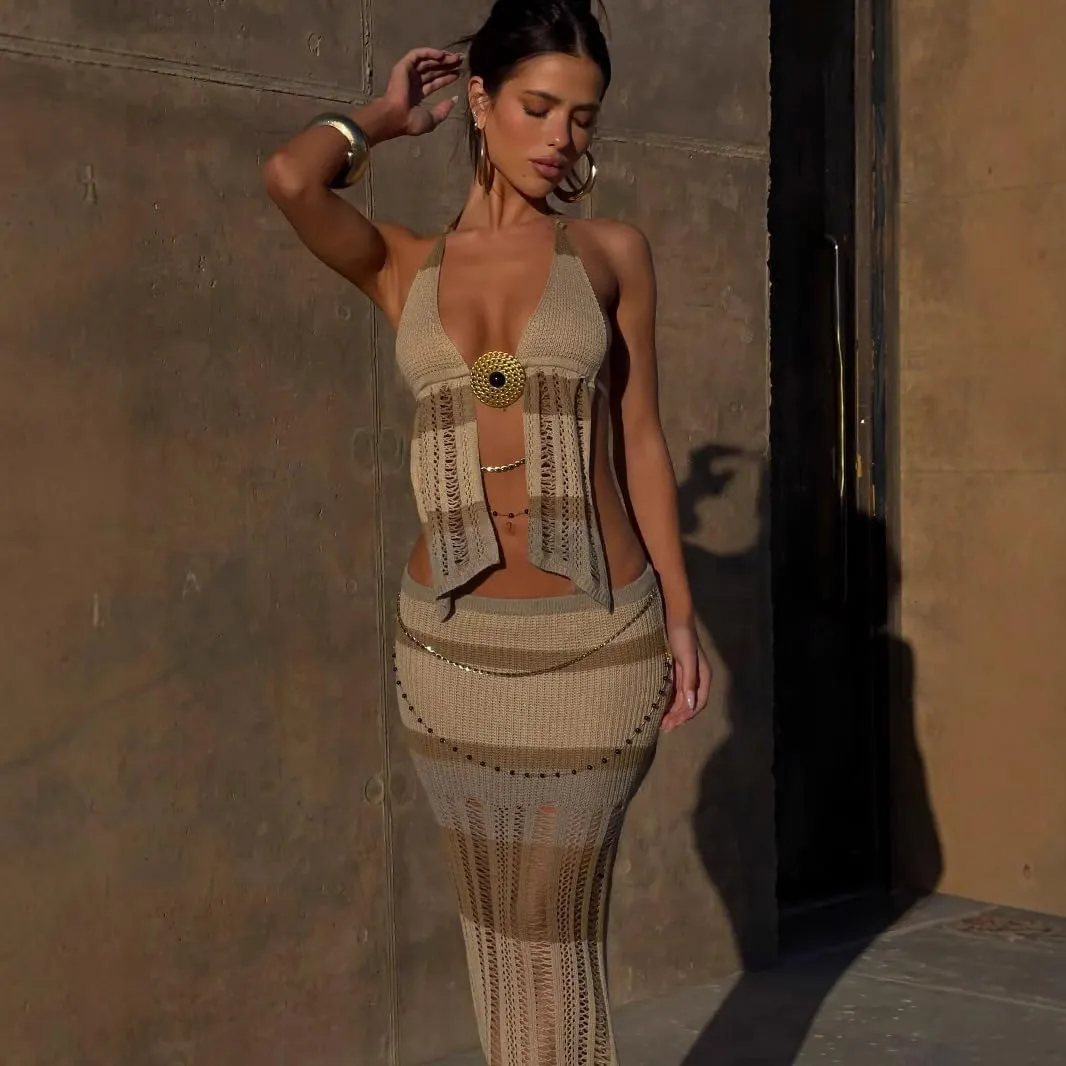 NIFTRIRY 2 Piece Sets for Women Sleeveless Halte Neck Crochet Cover Up and Long Skirt Crochet Set Summer Beach outfits