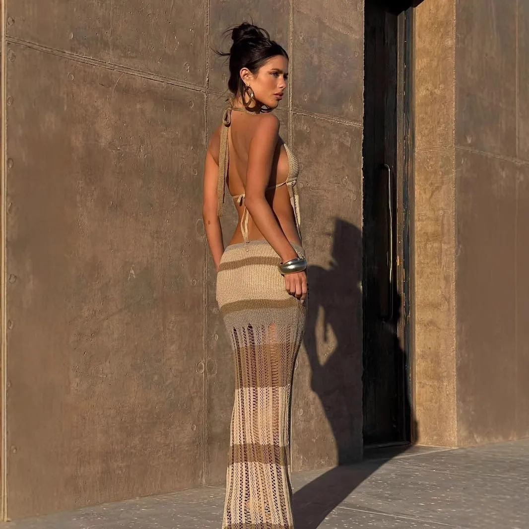 NIFTRIRY 2 Piece Sets for Women Sleeveless Halte Neck Crochet Cover Up and Long Skirt Crochet Set Summer Beach outfits