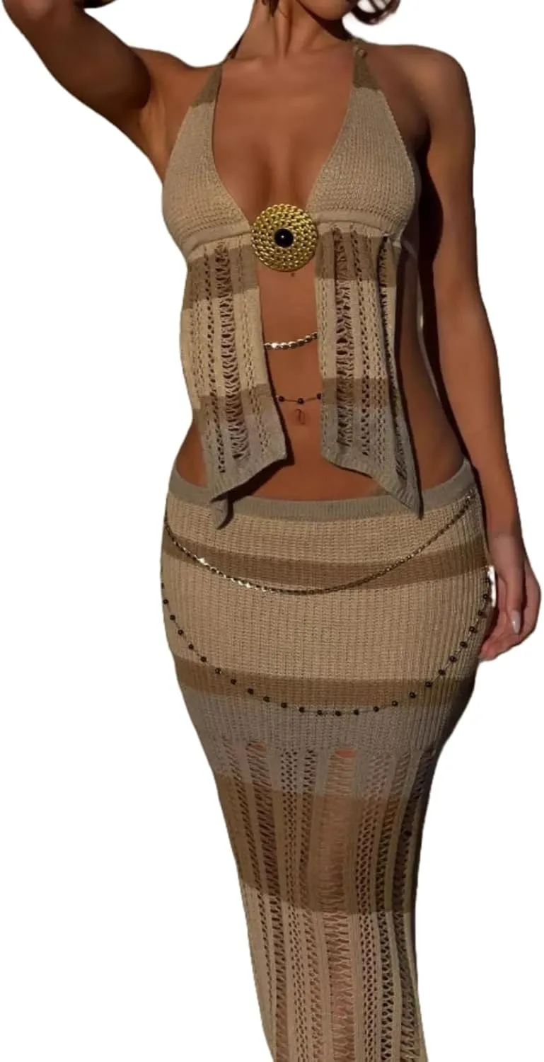 NIFTRIRY 2 Piece Sets for Women Sleeveless Halte Neck Crochet Cover Up and Long Skirt Crochet Set Summer Beach outfits
