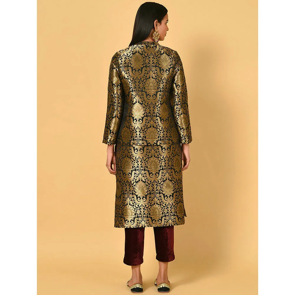 Nuhh Black Chanderi Printed Kurta With Pant & Jacket (Set of 3)