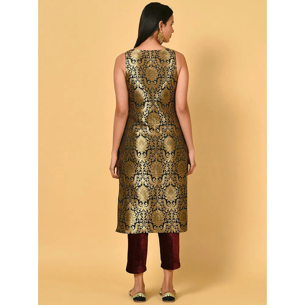 Nuhh Black Chanderi Printed Kurta With Pant & Jacket (Set of 3)