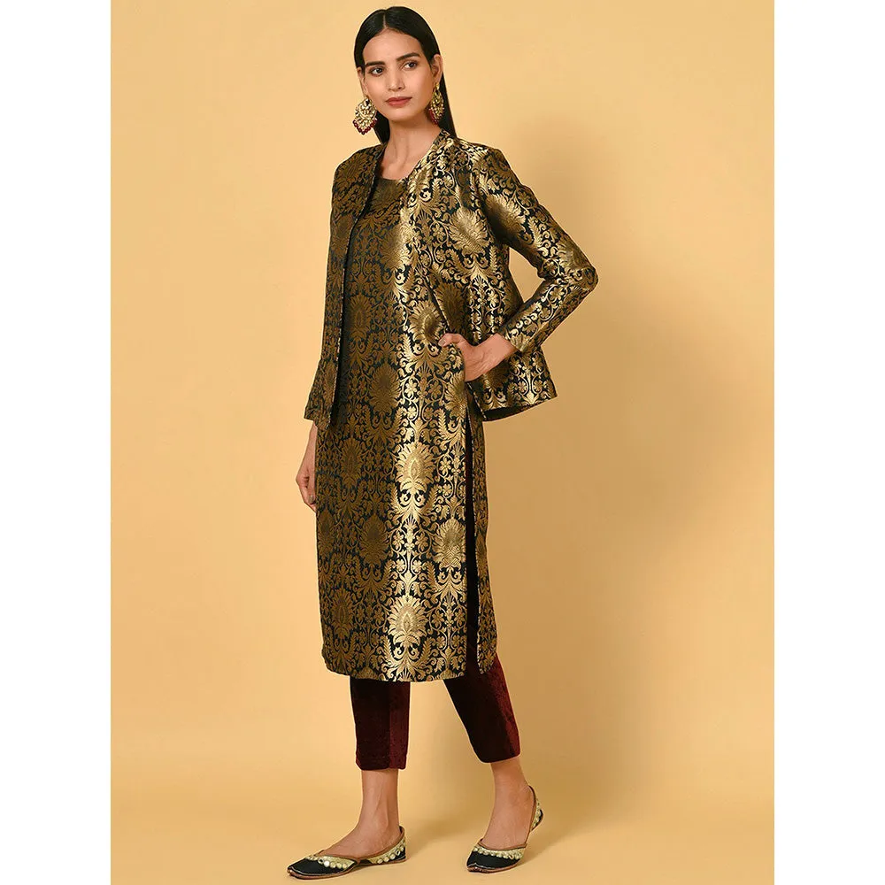 Nuhh Black Chanderi Printed Kurta With Pant & Jacket (Set of 3)