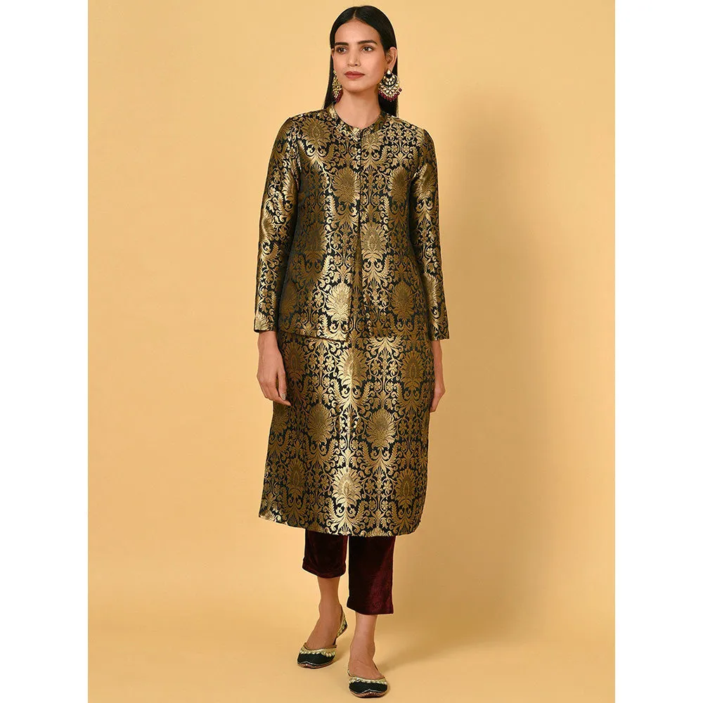 Nuhh Black Chanderi Printed Kurta With Pant & Jacket (Set of 3)