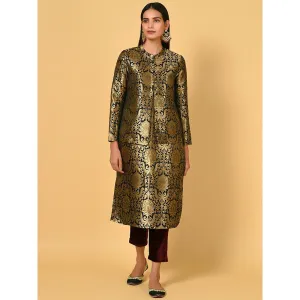 Nuhh Black Chanderi Printed Kurta With Pant & Jacket (Set of 3)