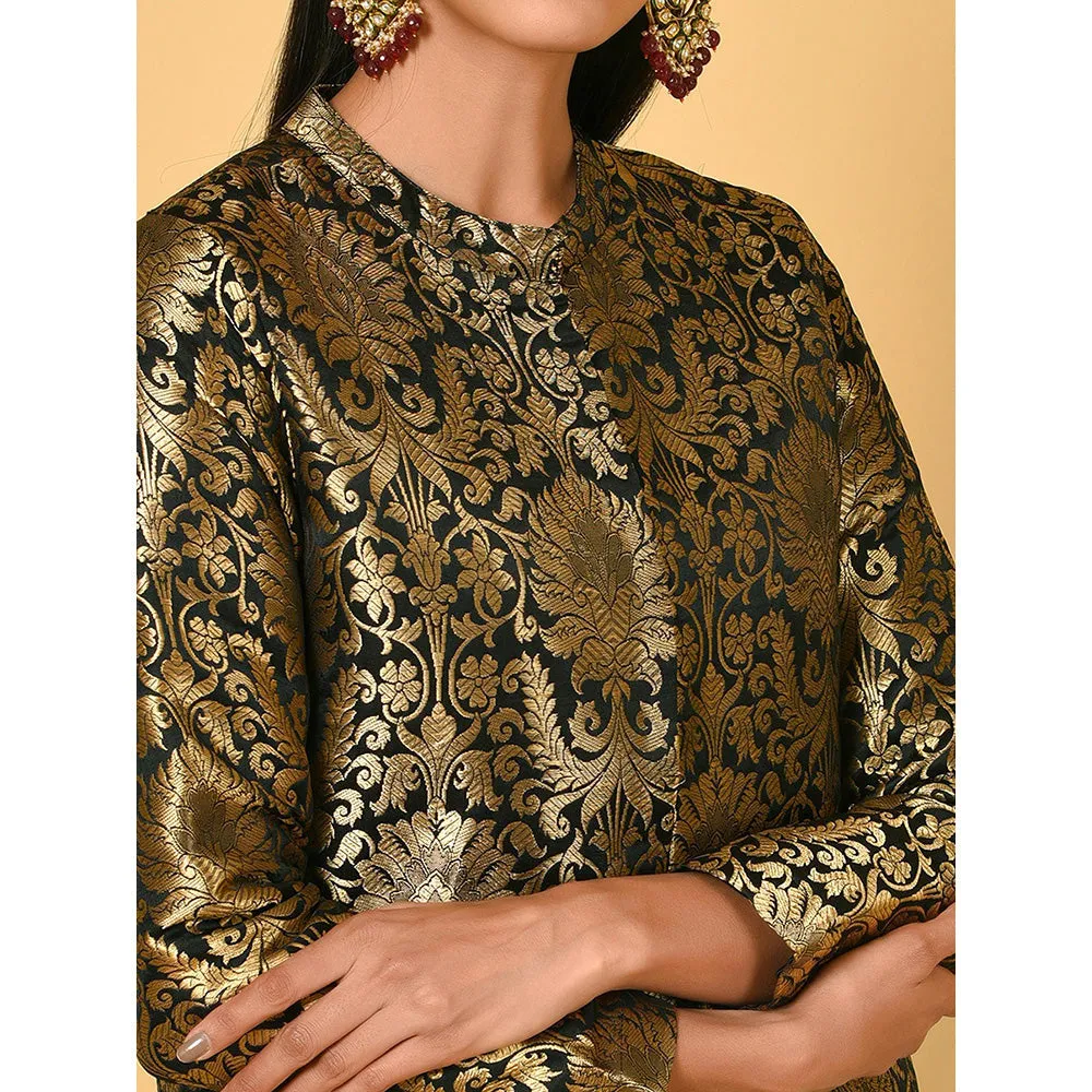Nuhh Black Chanderi Printed Kurta With Pant & Jacket (Set of 3)