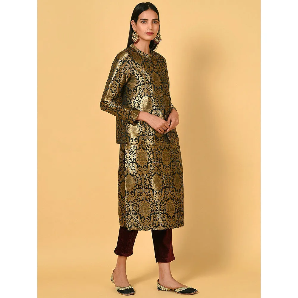 Nuhh Black Chanderi Printed Kurta With Pant & Jacket (Set of 3)