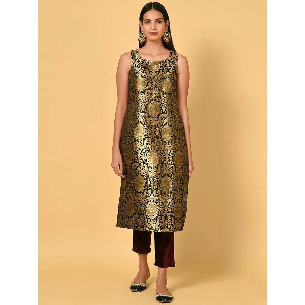 Nuhh Black Chanderi Printed Kurta With Pant & Jacket (Set of 3)