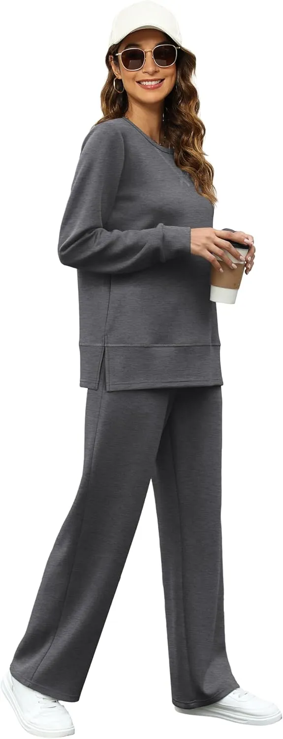 OFEEFAN Women's 2 Piece Lounge Set Travel Airport Outfits Side Slit Tracksuit Wide Leg Loungewear Baggy Comfy Sweatsuit S-3XL