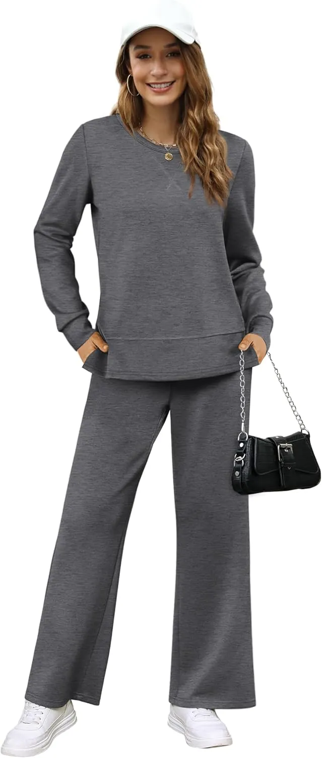 OFEEFAN Women's 2 Piece Lounge Set Travel Airport Outfits Side Slit Tracksuit Wide Leg Loungewear Baggy Comfy Sweatsuit S-3XL