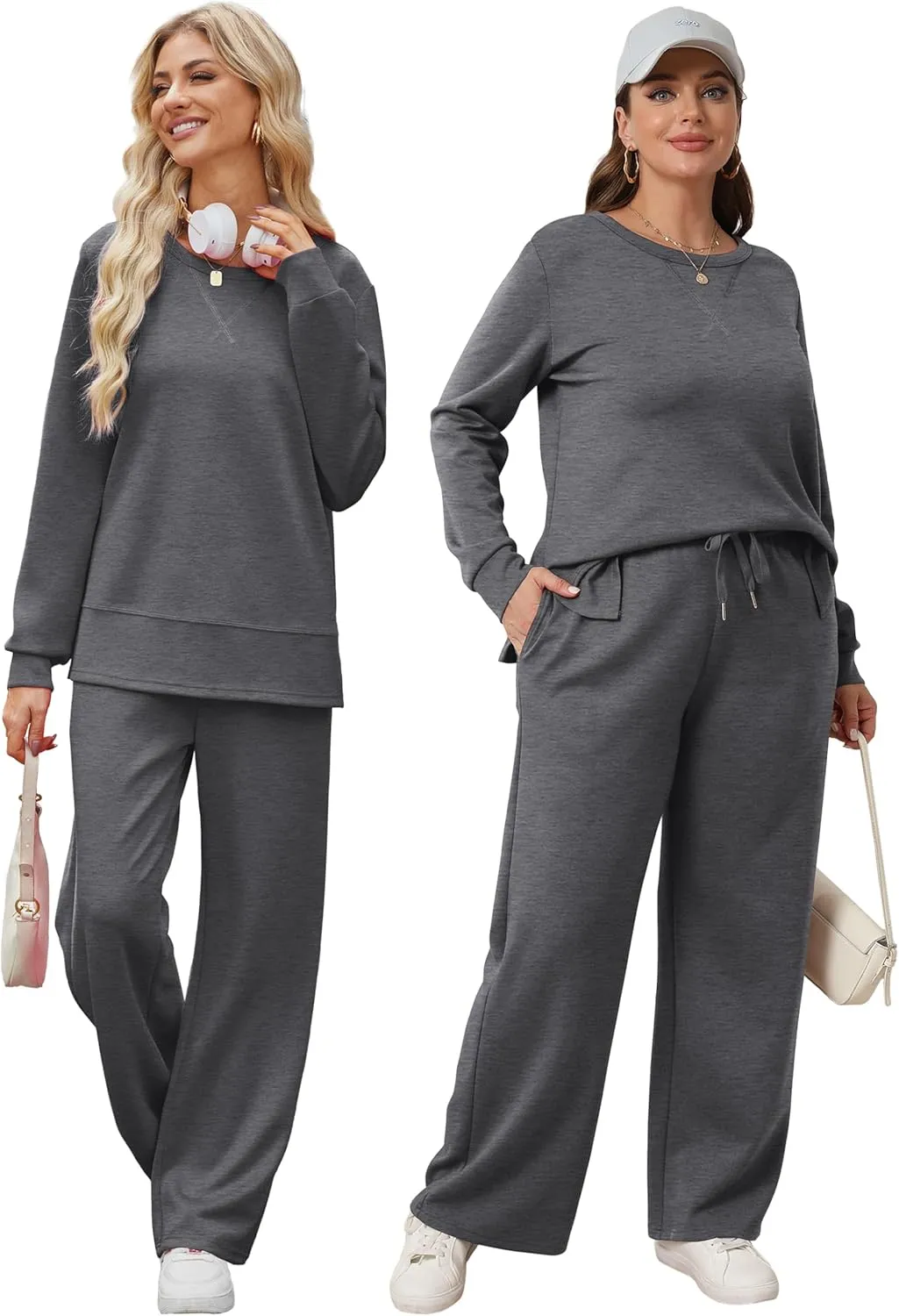 OFEEFAN Women's 2 Piece Lounge Set Travel Airport Outfits Side Slit Tracksuit Wide Leg Loungewear Baggy Comfy Sweatsuit S-3XL
