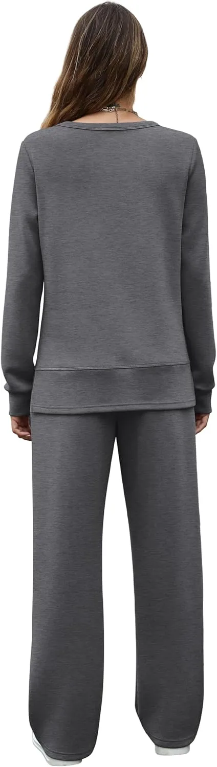 OFEEFAN Women's 2 Piece Lounge Set Travel Airport Outfits Side Slit Tracksuit Wide Leg Loungewear Baggy Comfy Sweatsuit S-3XL
