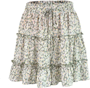 OFFSUM Womens Short Skirts - Summer Women's Skirts High Waist Ruffle Floral Beach Clothes A-Line Sexy Dress Sweet Ple