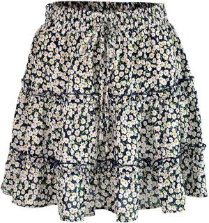 OFFSUM Womens Short Skirts - Summer Women's Skirts High Waist Ruffle Floral Beach Clothes A-Line Sexy Dress Sweet Ple