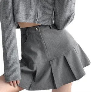OFFSUM Womens Short Skirts - Vintage High Waist Pleated Mini Skirt Women Korean Style Streetwear Slim A-Line Skirt So
