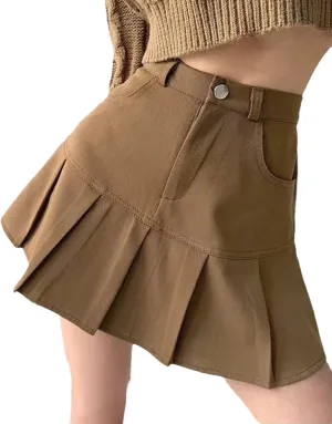 OFFSUM Womens Short Skirts - Vintage High Waist Pleated Mini Skirt Women Korean Style Streetwear Slim A-Line Skirt So