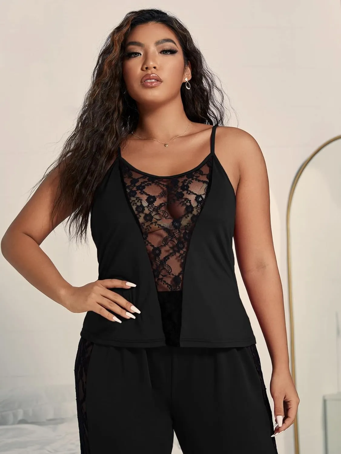 OYOANGLE Women's 2 Piece Plus Size Lace Pajama Set Pjs Sleepwear Set Lounge Sets V Neck Cami Top and Pants