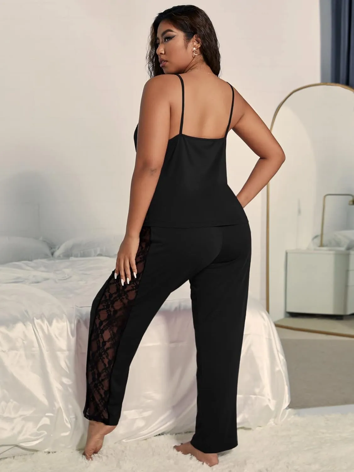OYOANGLE Women's 2 Piece Plus Size Lace Pajama Set Pjs Sleepwear Set Lounge Sets V Neck Cami Top and Pants