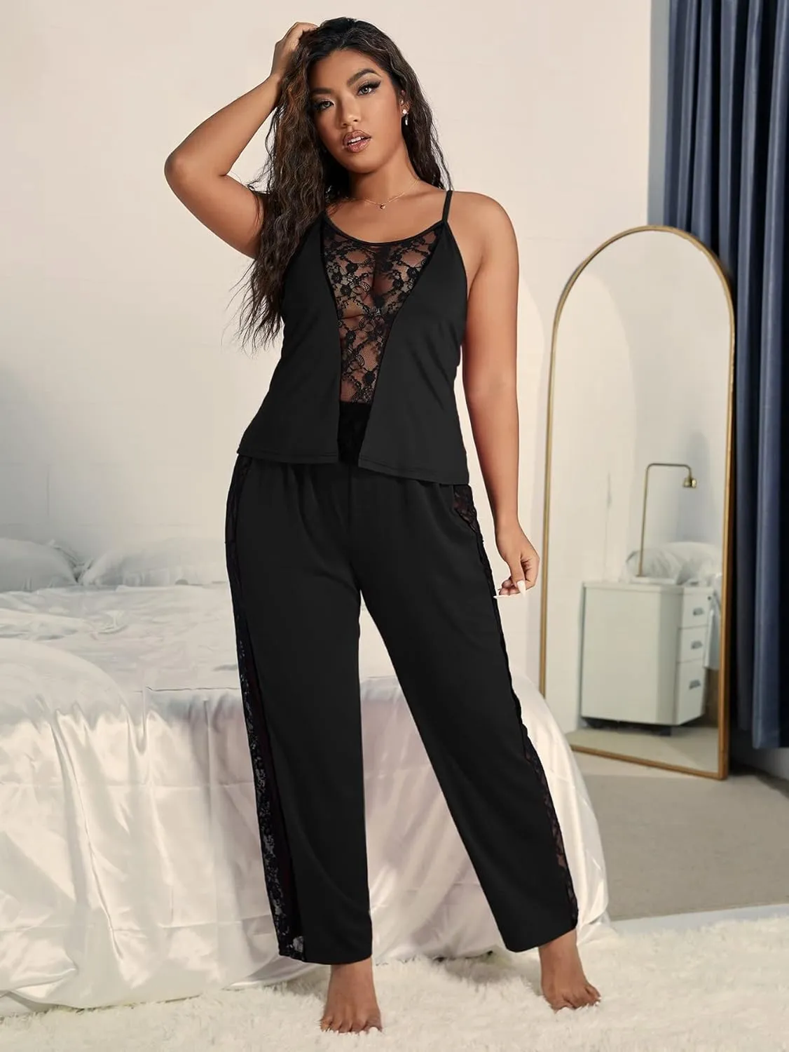 OYOANGLE Women's 2 Piece Plus Size Lace Pajama Set Pjs Sleepwear Set Lounge Sets V Neck Cami Top and Pants