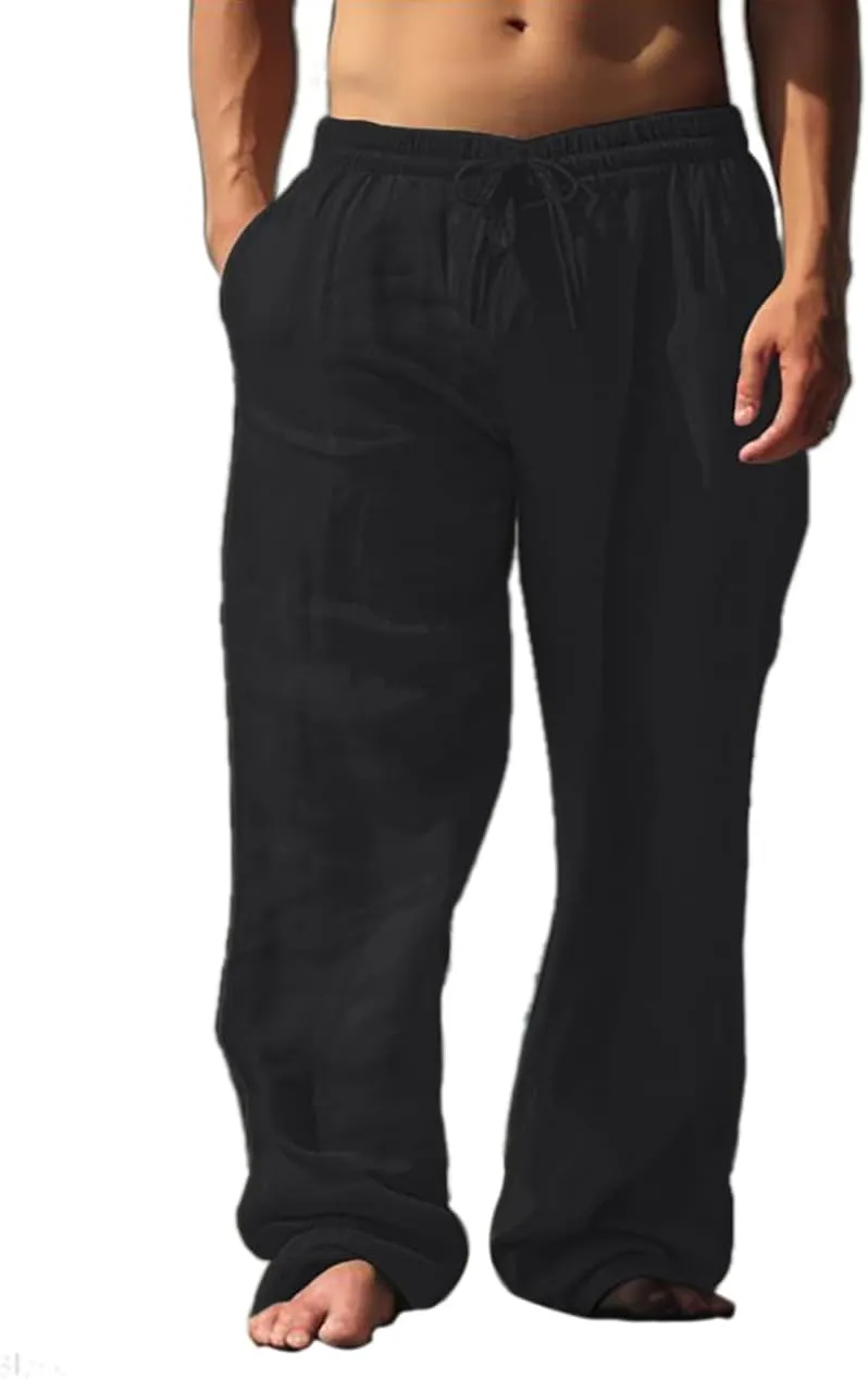 palglg Mens or Womens 100% Cotton Trousers with Elastic Waist & Out-Drawstring for Yoga Pants & Beach Wear