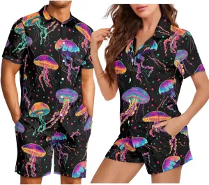Personalized Pattern Pajama Set For Couples - Women Men Sleepwear Short Sleeve Short Pants Holiday PJs Matching Sets