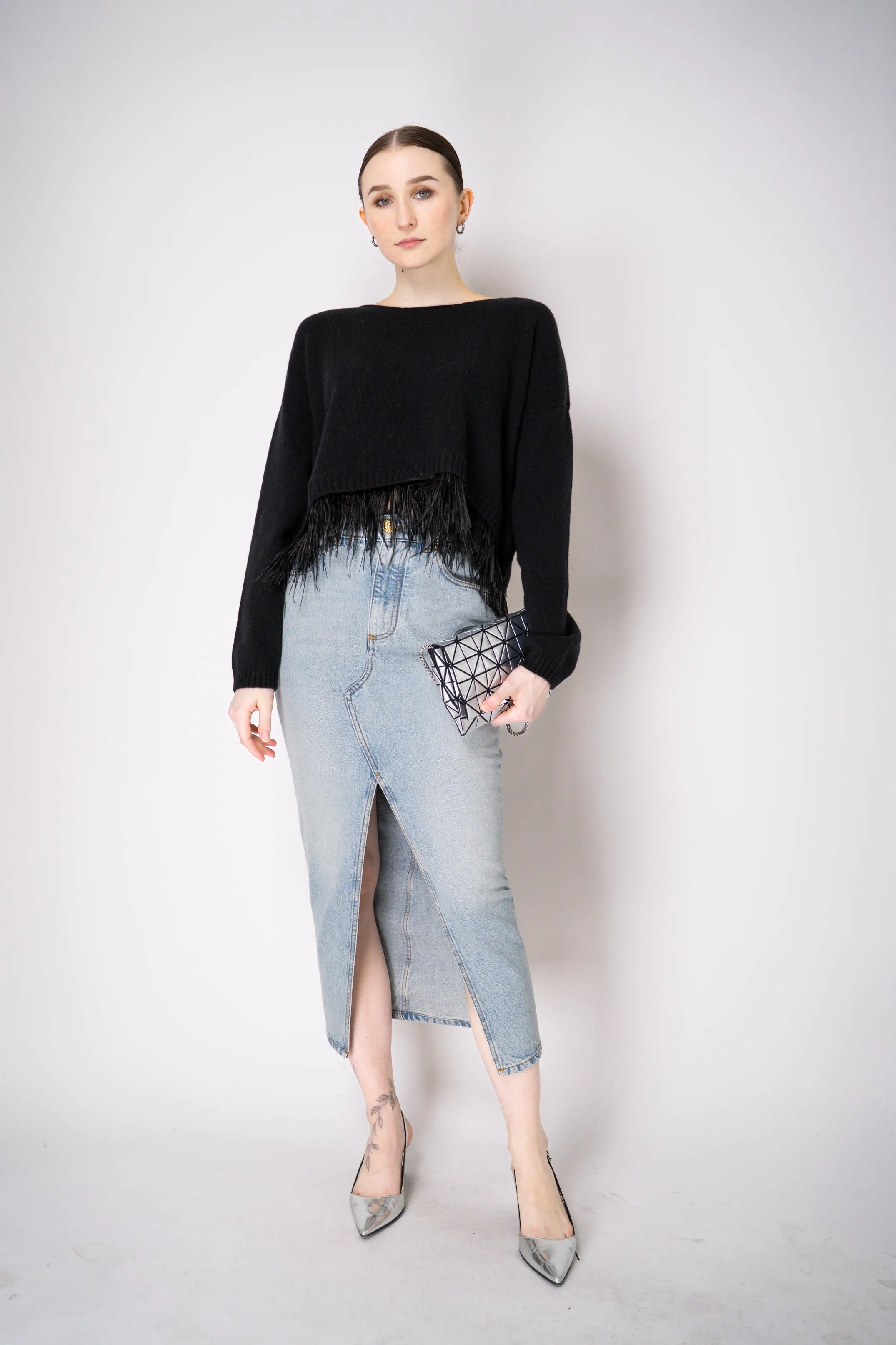 Philosophy di Lorenzo Serafini Cashmere Pullover with Detachable Feather Hem in Black