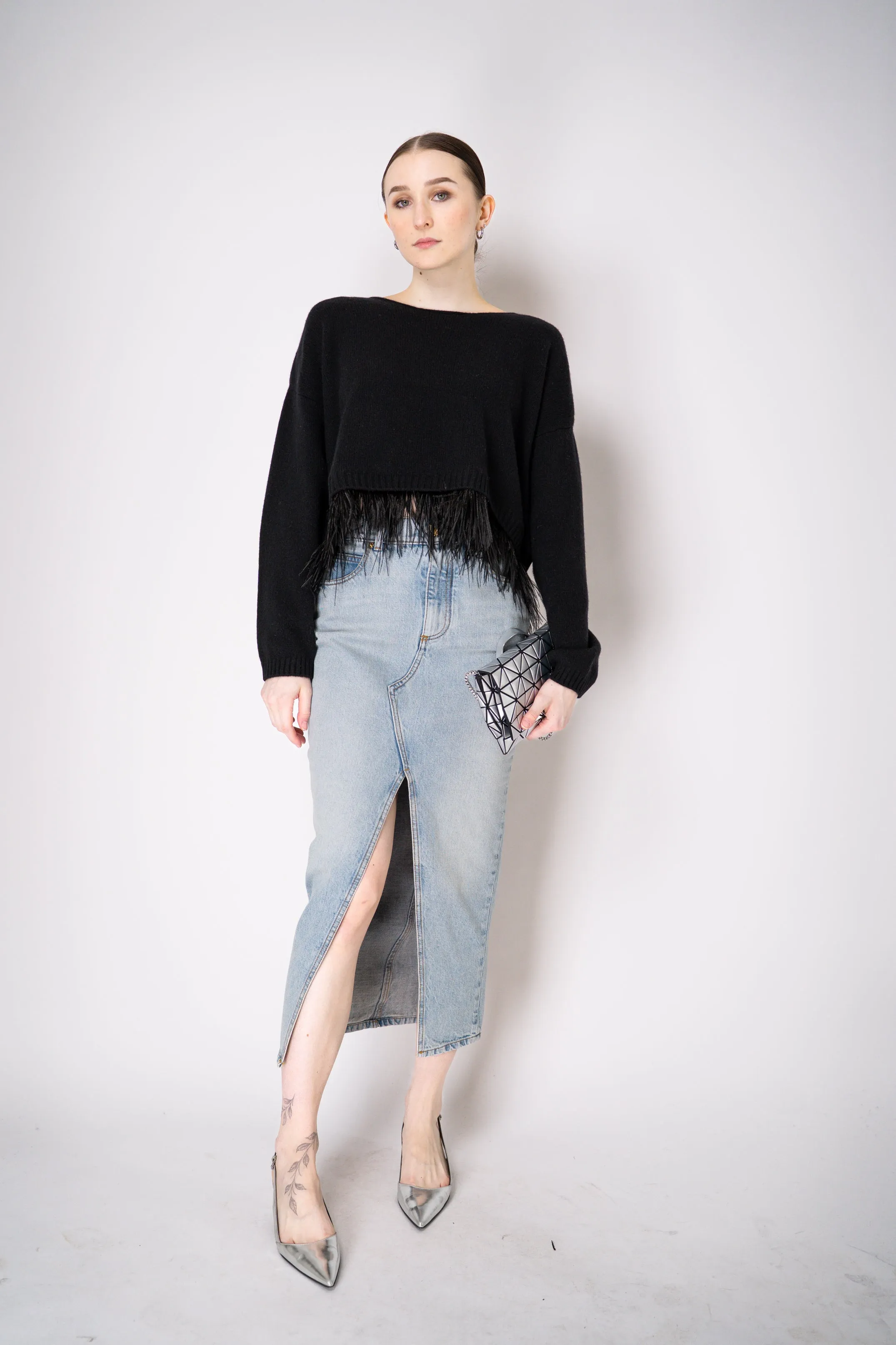 Philosophy di Lorenzo Serafini Cashmere Pullover with Detachable Feather Hem in Black