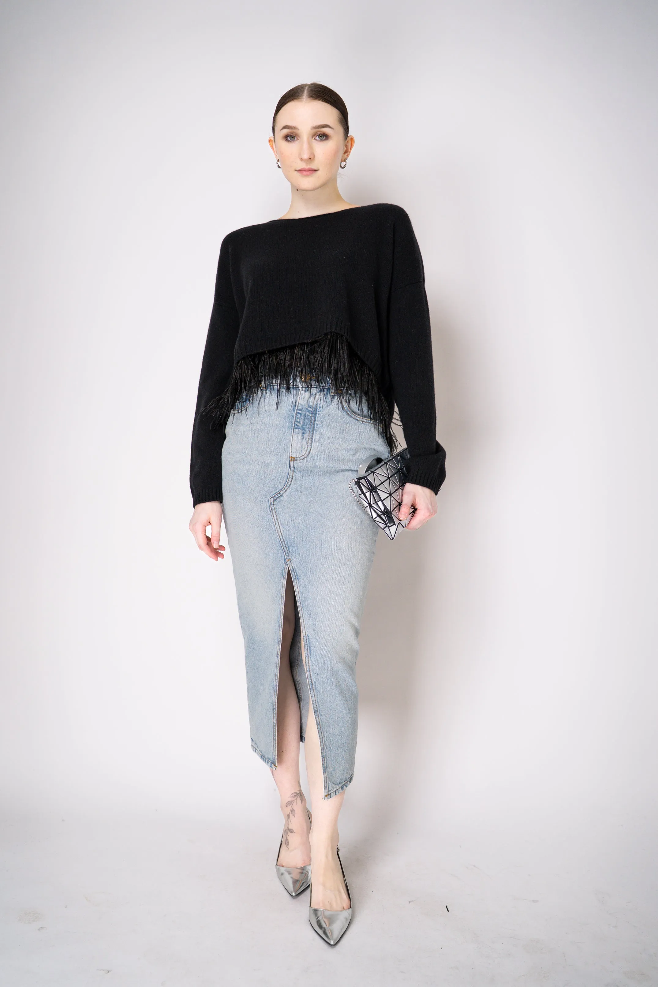 Philosophy di Lorenzo Serafini Cashmere Pullover with Detachable Feather Hem in Black