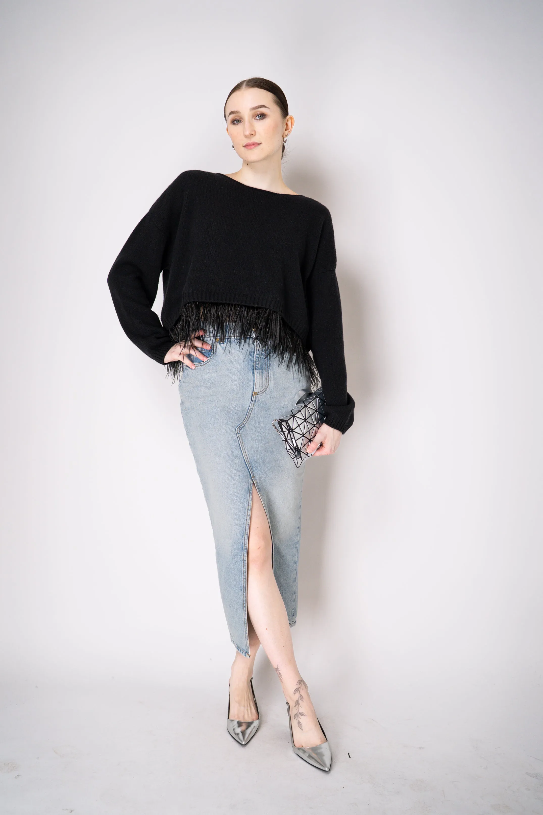Philosophy di Lorenzo Serafini Cashmere Pullover with Detachable Feather Hem in Black