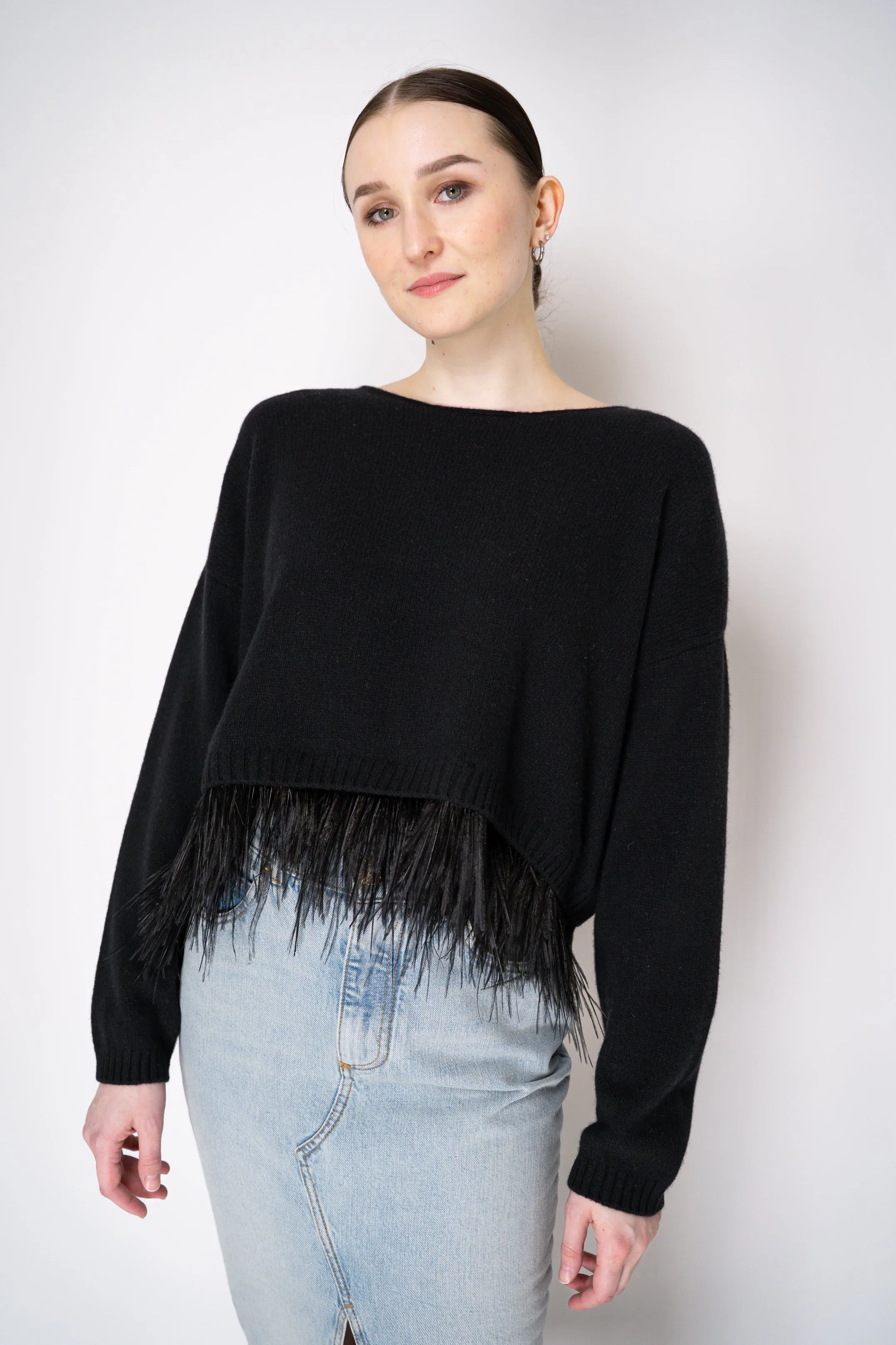 Philosophy di Lorenzo Serafini Cashmere Pullover with Detachable Feather Hem in Black