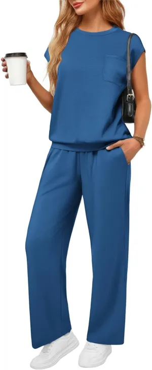 PINSPARK 2 Piece Sets for Women Summer Lounge Set Cap Sleeves Sweatsuit Cropped Wide Leg Pants 2025 Matching Travel Tracksuit