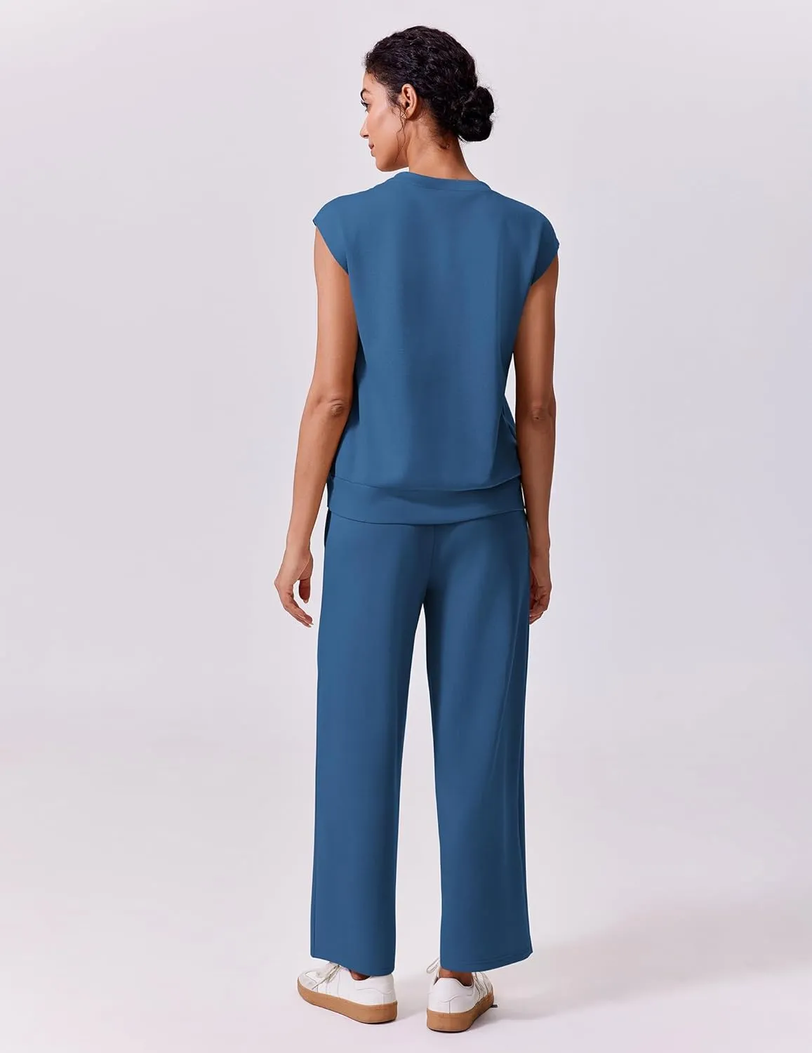 PINSPARK 2 Piece Sets for Women Summer Lounge Set Cap Sleeves Sweatsuit Cropped Wide Leg Pants 2025 Matching Travel Tracksuit
