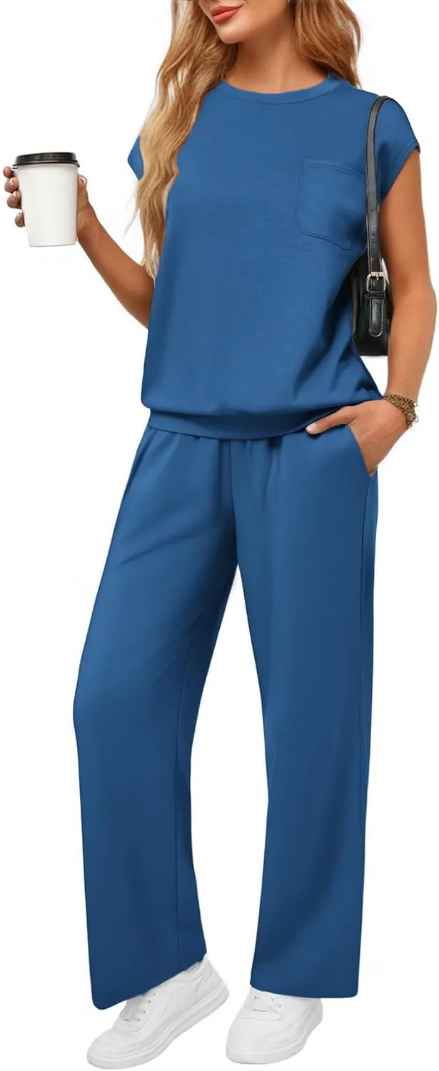 PINSPARK 2 Piece Sets for Women Summer Lounge Set Cap Sleeves Sweatsuit Cropped Wide Leg Pants 2025 Matching Travel Tracksuit