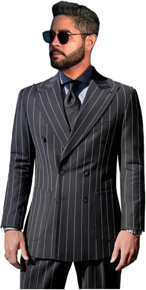 Pinstripe Suits for Men Double Breasted Tuxedo Regular Fit 2 Piece Blazer Pants Peak Lapel Suit Set for Wedding Prom