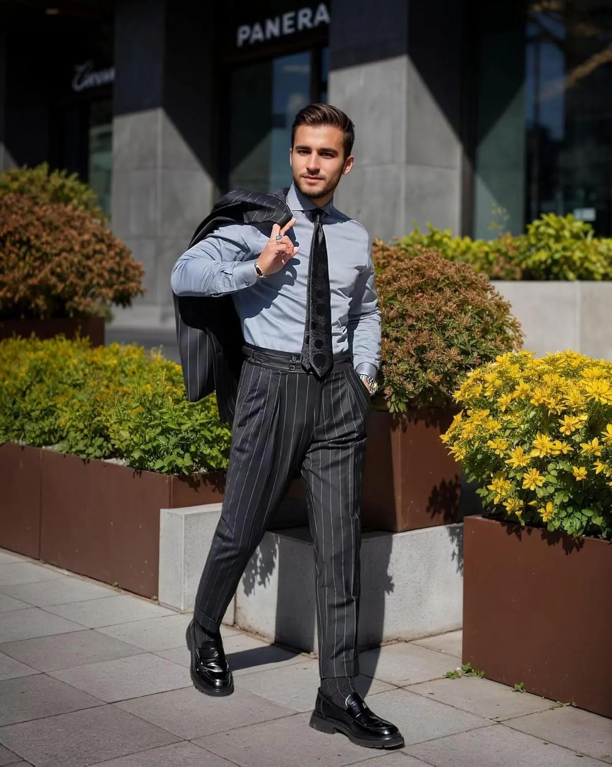 Pinstripe Suits for Men Double Breasted Tuxedo Regular Fit 2 Piece Blazer Pants Peak Lapel Suit Set for Wedding Prom