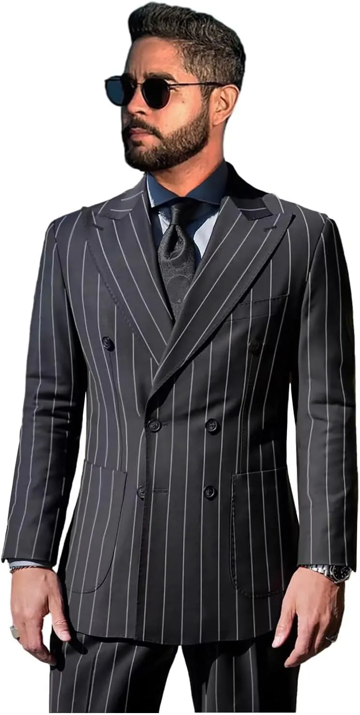 Pinstripe Suits for Men Double Breasted Tuxedo Regular Fit 2 Piece Blazer Pants Peak Lapel Suit Set for Wedding Prom