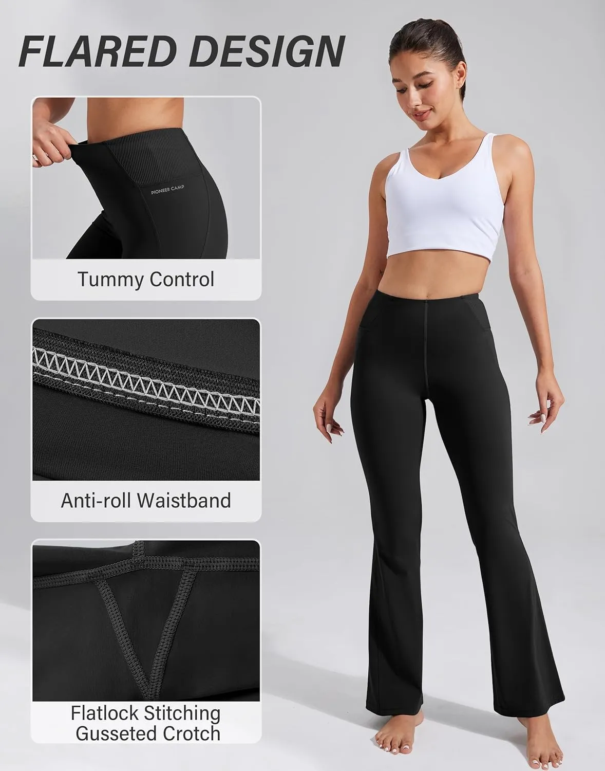Pioneer Camp Women's Flare Yoga Pants Bootcut Flared Leggings with Pockets High Waist Tummy Control Bell Bottoms Gym Workout