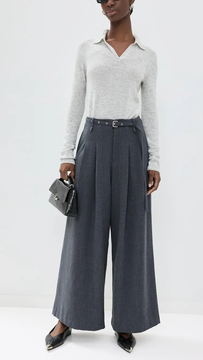 Pixie Market Women's Smoking Belted Grey Wide Leg Pants
