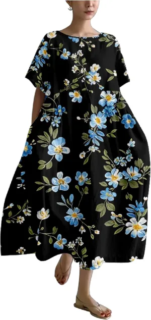Plus Size Boho Summer Dresses Trendy Japanese Art T Shirt Dress A-line Crew Neck Short Sleeve Summer Dresses
