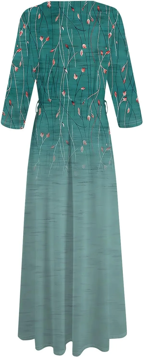 Plus Size Dress for Women 3/4 Sleeve V Neck Flowy Swing Midi Dress Floral Print Cocktail Party Dresses with Belt