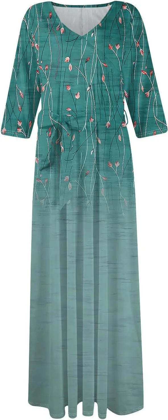 Plus Size Dress for Women 3/4 Sleeve V Neck Flowy Swing Midi Dress Floral Print Cocktail Party Dresses with Belt